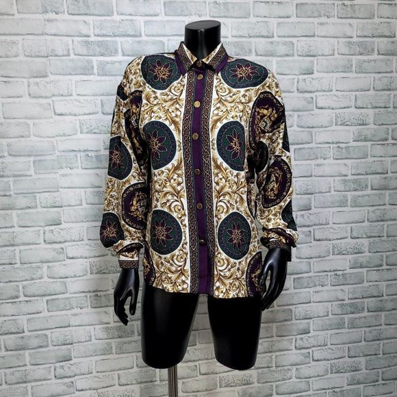 Vintage 80s 90s Thats Me! Womens S/M Multi Ornate Filigree Long Sleeve Button Up - Picture 2 of 8